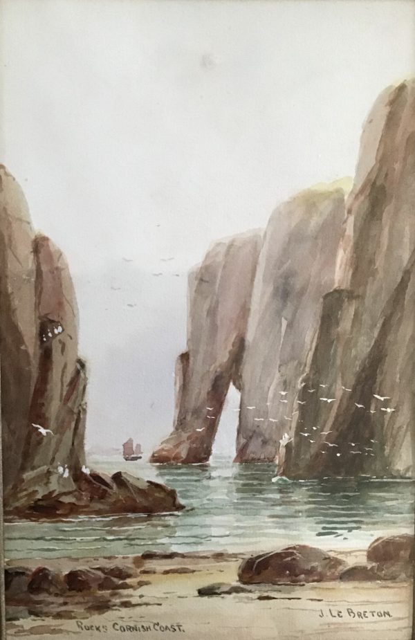 Original antique water colour Cornish coastline
