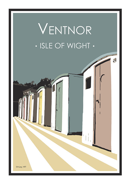 Ventnor Huts Stripy art Travel poster Isle Of Wight Suzanne Whitmarsh