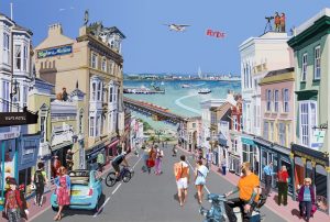 Ryde gateway to the island limited edition print travel poster Isle of Wight union street scooter ryde pier fiat500 Framers Yelfs hotel